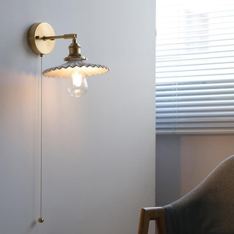 Ceramic Wall Lamp Japanese Style Copper Drawstring / White Light Pleated Ceramic / Without Light Source